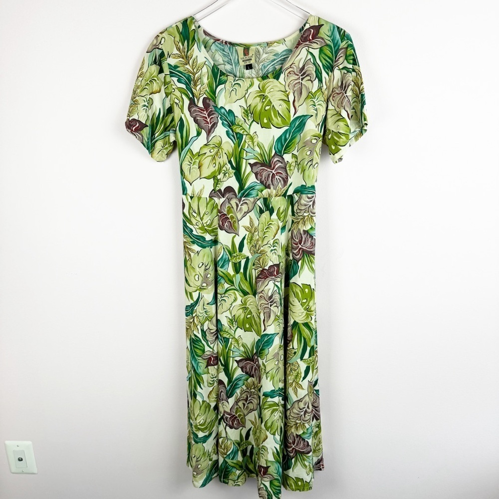 Tori Richard Vintage Palm Print Dress size L Honolulu made in Hawaii green